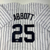 Autographed/Signed Jim Abbott New York White Pinstripe Baseball Jersey Beckett BAS Holo