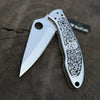 Hand Engraved D2 Steel Folding Pocket Knife — Mirror Polished Leaf Blade, Skull Floral Scroll Stainless Handle by JW SteelCrafts