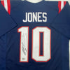 Autographed/Signed Mac Jones New England Blue Football Jersey Beckett BAS COA