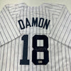 Autographed/Signed Johnny Damon New York Pinstripe Baseball Jersey Beckett BAS COA