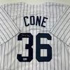 Autographed/Signed David Cone New York Pinstripe Baseball Jersey Beckett BAS COA