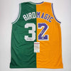 Autographed/Signed Larry Bird & Magic Johnson Dual Basketball Jersey JSA COA