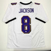 Autographed/Signed Lamar Jackson Baltimore White Block Football Jersey JSA COA