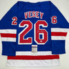 Autographed/Signed Jimmy Vesey New York Blue Hockey Jersey JSA COA