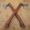 Handmade Norse Viking Axe Pair with Damascus Steel Heads & Hand Engraved Wooden Handles by JW SteelCrafts