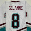 Autographed/Signed Teemu Selanne "Finnish Flash" Anaheim White Retro Hockey Jersey JSA COA