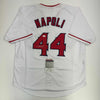 Autographed/Signed Mike Napoli Los Angeles LA Anaheim White Baseball Jersey JSA COA