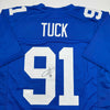 Autographed/Signed Justin Tuck New York Blue Football Jersey JSA COA