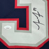 Framed Autographed/Signed Jonathan Jones 35x39 New England Blue Football Jersey JSA COA