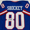 Autographed/Signed Jeremy Shockey New York Blue Football Jersey JSA COA #2