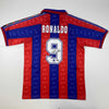 Autographed/Signed Ronaldo Nazario FC Barcelona Red/Blue Soccer Jersey Beckett BAS COA