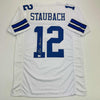 Autographed/Signed Roger Staubach Dallas White Football Jersey Beckett BAS COA