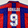 Autographed/Signed Ronaldo Nazario FC Barcelona Red/Blue Soccer Jersey Beckett BAS COA