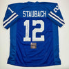 Autographed/Signed Roger Staubach Dallas Blue Football Jersey Beckett BAS COA