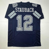Autographed/Signed Roger Staubach Dallas Blue Football Jersey Beckett BAS COA