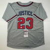 Autographed/Signed David Justice Atlanta Grey Baseball Jersey JSA COA