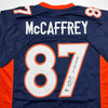 Autographed/Signed Ed McCaffrey 2x SB Champs Denver Blue Football Jersey Beckett BAS COA by Hall of Fame Sports Memorabilia
