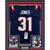 Framed Autographed/Signed Jonathan Jones 35x39 New England Blue Football Jersey JSA COA