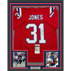 Framed Autographed/Signed Jonathan Jones 35x39 New England Red Football Jersey JSA COA