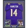 Framed Autographed/Signed Kyle Hamilton 35x39 Baltimore Purple Football Jersey Beckett BAS COA