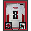 Framed Autographed/Signed Kyle Pitts 35x39 Atlanta White Football Jersey Beckett BAS COA