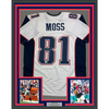 Framed Autographed/Signed Randy Moss 35x39 New England White Football Jersey Beckett BAS COA