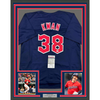 Framed Autographed/Signed Steven Kwan 35x39 Cleveland Blue Baseball Jersey JSA COA