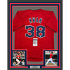 Framed Autographed/Signed Steven Kwan 35x39 Cleveland Red Baseball Jersey JSA COA