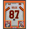 Framed Autographed/Signed Travis Kelce 35x39 Kansas City KC White Football Jersey JSA COA