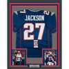 Framed Autographed/Signed JC J.C. Jackson 35x39 New England Blue Football Jersey JSA COA