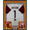 Framed Autographed/Signed Jahan Dotson 35x39 Washington White Football Jersey JSA COA