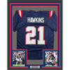 Framed Autographed/Signed Jaylinn Hawkins 35x39 New England Blue Football Jersey Beckett BAS COA by Hall of Fame Sports Memorabilia