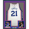 Framed Autographed/Signed Joel Embiid 35x39 Philadelphia White Basketball Jersey JSA COA/LOA