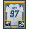 Framed Autographed/Signed Joey Bosa 35x39 #97 Los Angeles LA White Football Jersey JSA COA