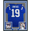 Framed Autographed/Signed Johnny Unitas 35x39 Indianapolis Blue Football Jersey PSA COA