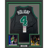 Framed Autographed/Signed Jrue Holiday 35x39 Boston Black Basketball Jersey JSA COA