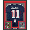 Framed Autographed/Signed Julian Edelman 35x39 New England Blue Football Jersey JSA COA