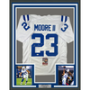 Framed Autographed/Signed Kenny Moore II 35x39 Indianapolis White Football Jersey JSA COA