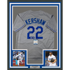 Framed Autographed/Signed Clayton Kershaw 35x39 Los Angeles LA Grey Baseball Jersey Beckett BAS COA