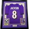 Framed Autographed/Signed Lamar Jackson 35x39 Baltimore Purple Football Jersey JSA COA