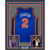 Framed Autographed/Signed Larry Johnson 35x39 New York Blue Basketball Jersey Steiner COA