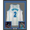 Framed Autographed/Signed Larry Johnson 35x39 Charlotte White Basketball Jersey Steiner COA
