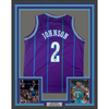 Framed Autographed/Signed Larry Johnson 35x39 Charlotte Purple Basketball Jersey Steiner COA