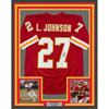 Framed Autographed/Signed Larry Johnson 35x39 Kansas City Red Football Jersey Beckett BAS COA by Hall of Fame Sports Memorabilia