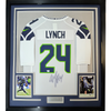 Framed Autographed/Signed Marshawn Lynch 35x39 Seattle Seahawks White Football Jersey Fanatics COA