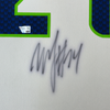 Framed Autographed/Signed Marshawn Lynch 35x39 Seattle Seahawks White Football Jersey Fanatics COA