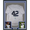 Framed Autographed/Signed Mariano Rivera 35x39 1st Unanimous HOF New York Pinstripe Baseball Jersey Beckett BAS COA