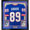 Framed Autographed/Signed Mark Bavaro 35x39 New York Blue Football Jersey JSA COA