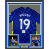Framed Autographed/Signed Mason Mount 35x39 Chelsea FC Blue Soccer Futbol Jersey Beckett BAS COA