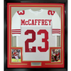 Framed Autographed/Signed Christian McCaffrey 35x39 San Francisco White Football Jersey JSA COA